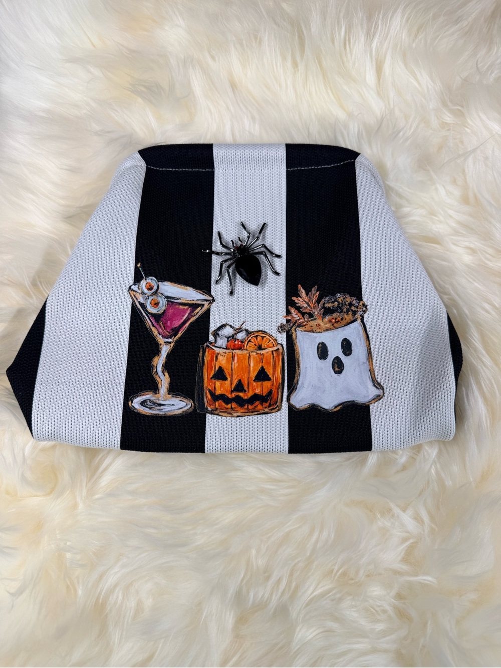 Halloween Striped handbag with Festive Patch Design - Black & White